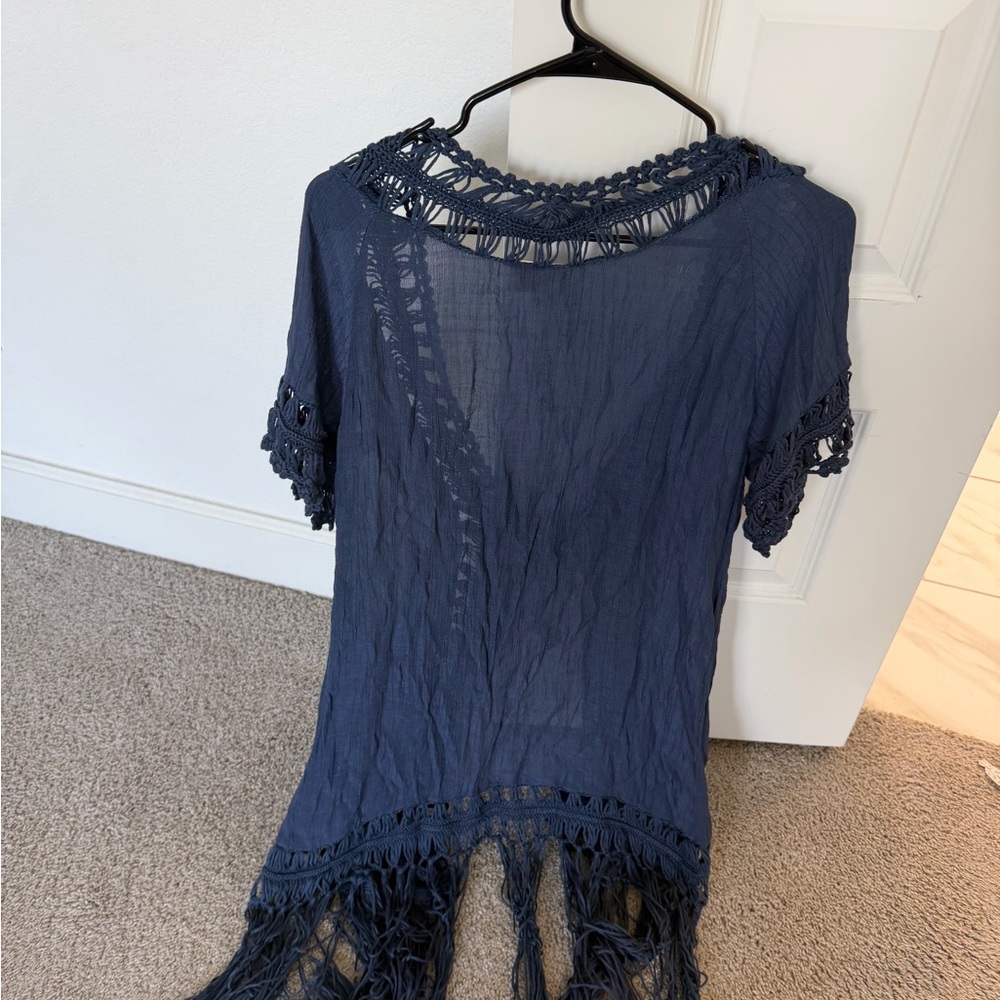 Navy Fringe Kimono Cardigan - Women - Picture 4 of 9